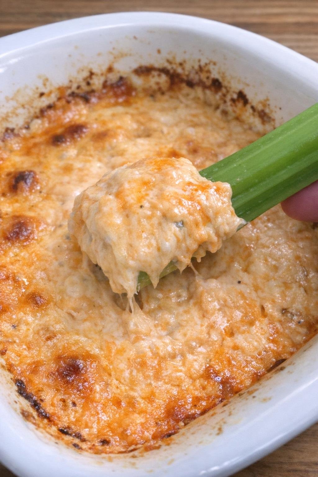 Buffalo Merrick dip in a white casserole dish
