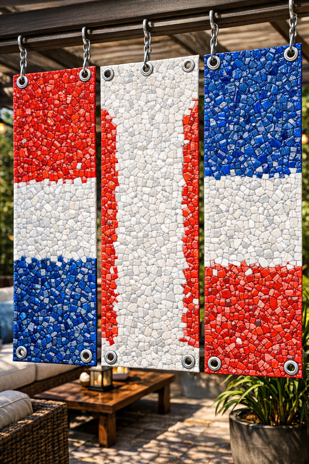 Completed heavy-duty patio panels made from ironed red, white, and blue plastic straws