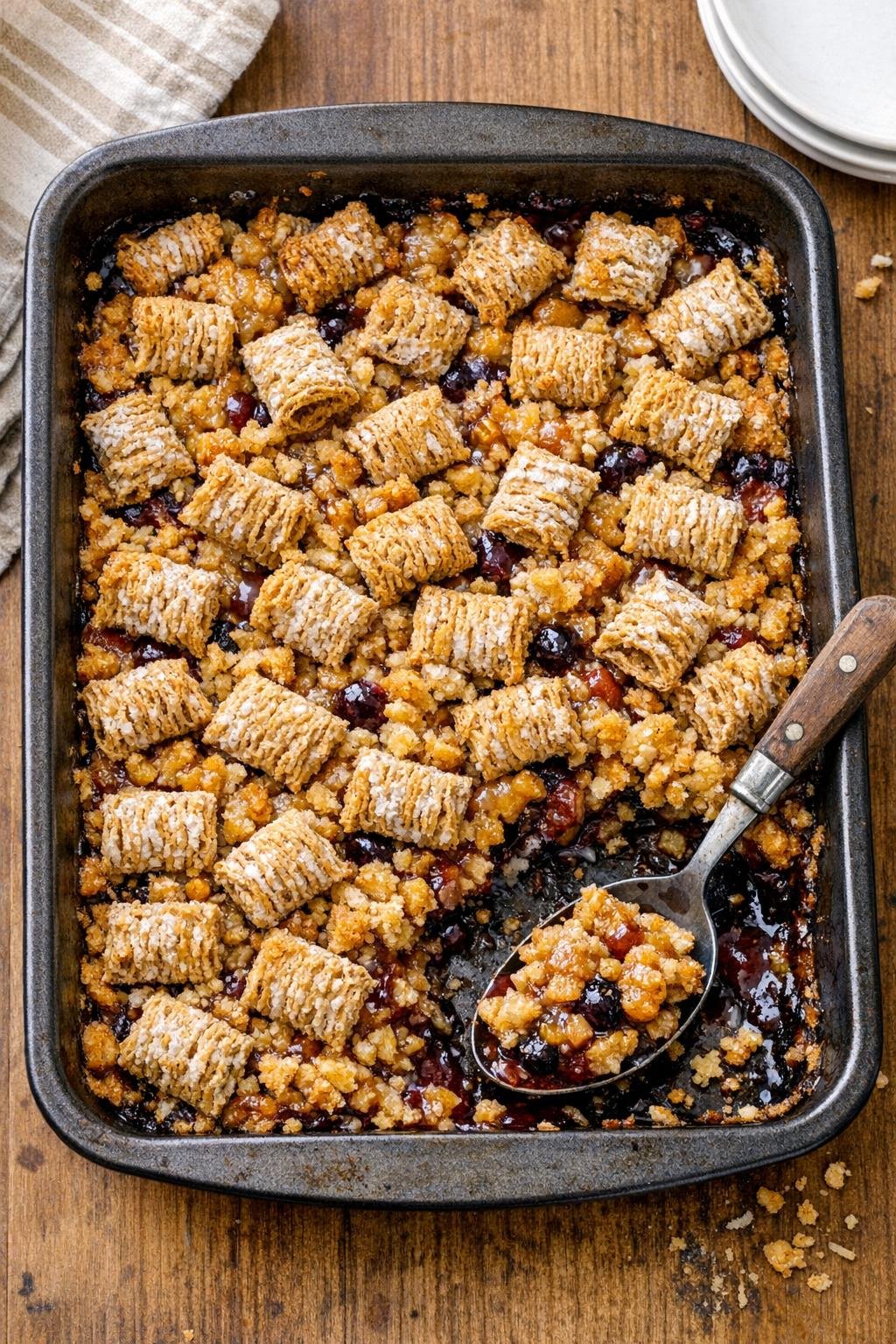Finished baked shredded wheat dessert in a dark roasting pan