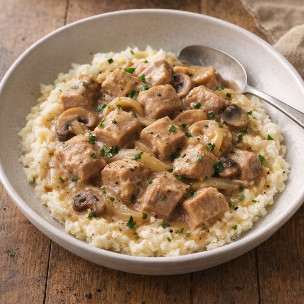 Slow cooker pork supper served over mashed potatoes