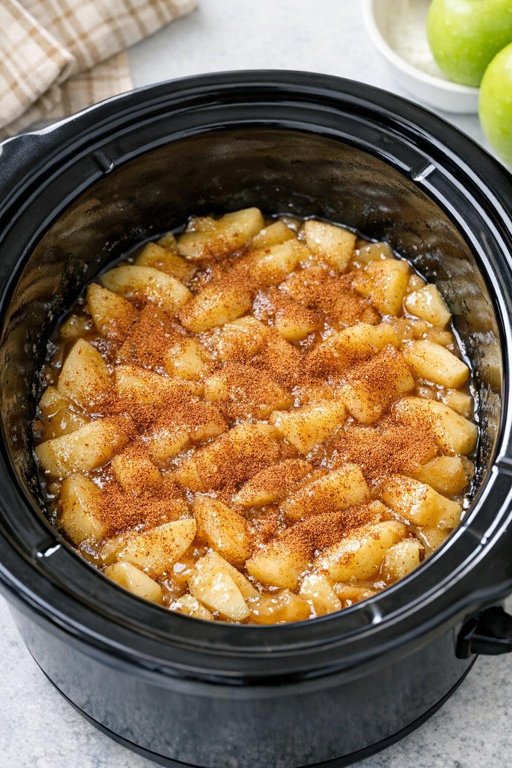 Appelvulling voor appeltaart, uitgespreid in een slowcooker en bestrooid met kaneel.