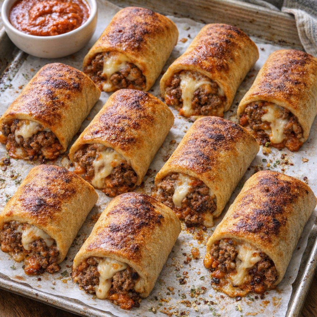 Freshly baked beef pizza roll ups on a sheet pan