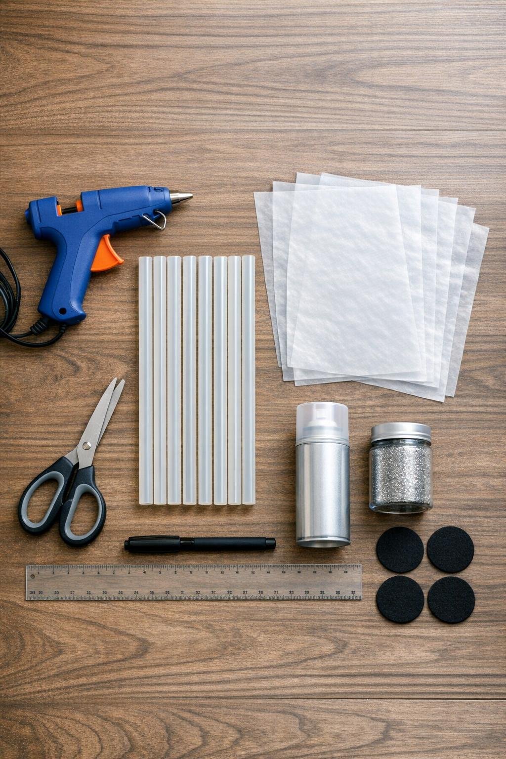 Materials laid out for glue gun cobweb coasters