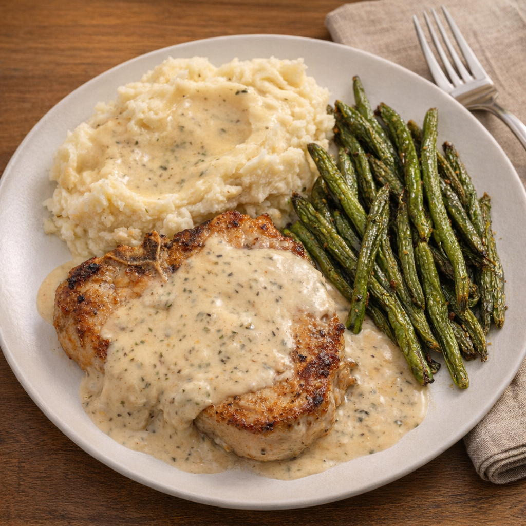 Weeknight dinner plate with pork chops, mashed potatoes, and green beans