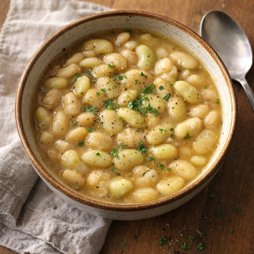 Overhead view of a cozy bowl of slow cooker lima beans on a kitchen table