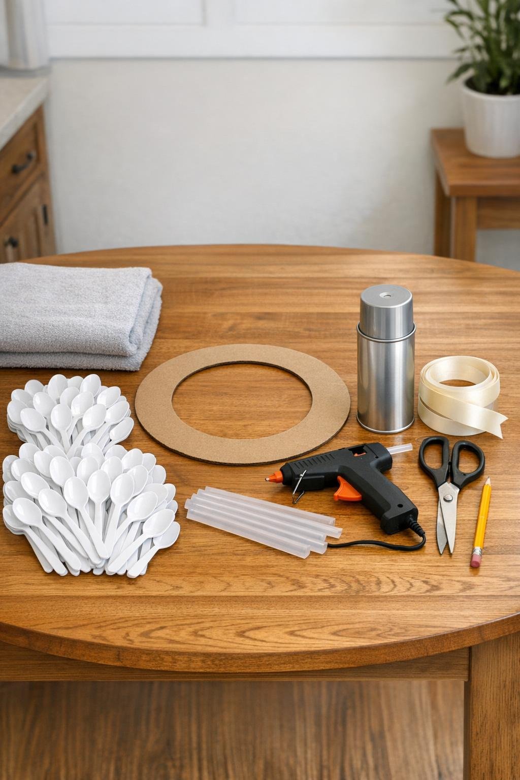 Plastic spoons, cardboard ring, hot glue gun, spray paint, ribbon, towel, and scissors laid out on a table