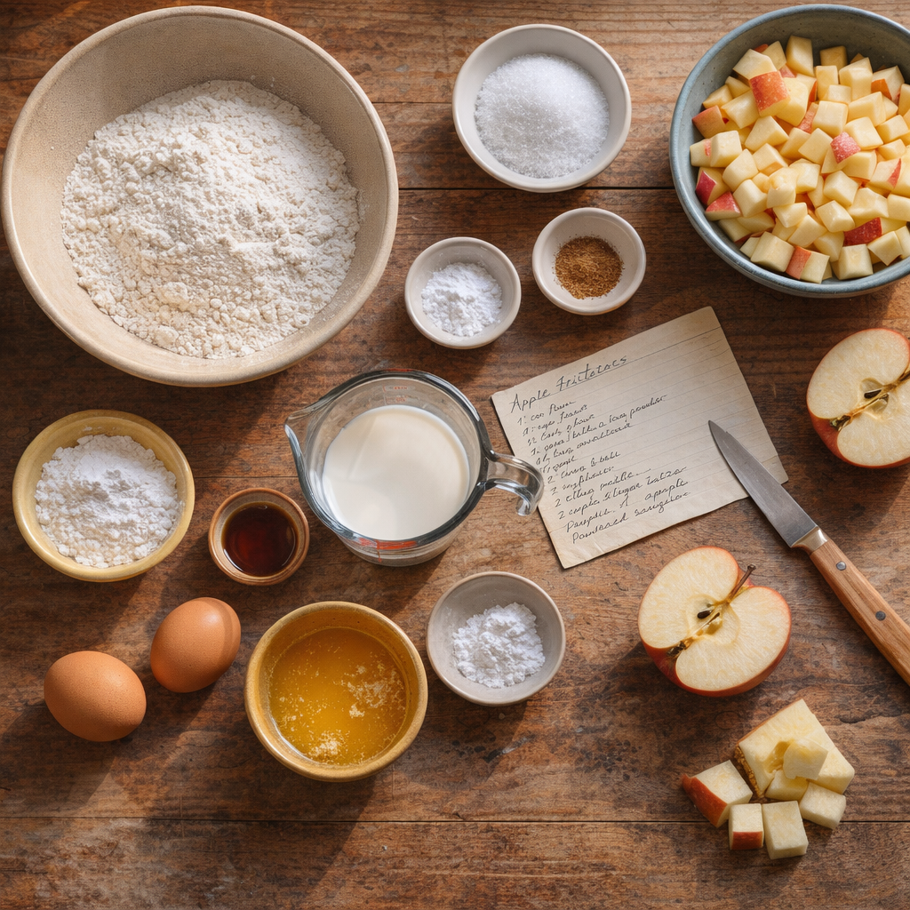 Apple fritter ingredients laid out on a kitchen table