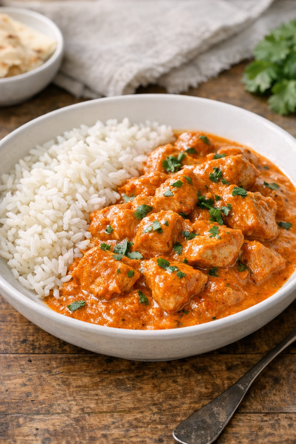 Plated creamy tikka masala chicken with rice
