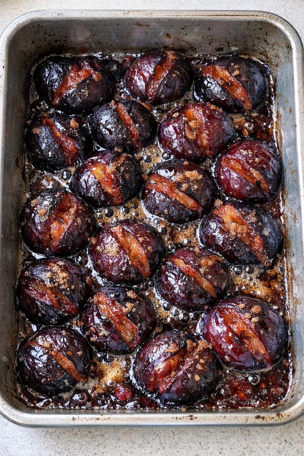 Finished baked plum dessert in a roasting pan