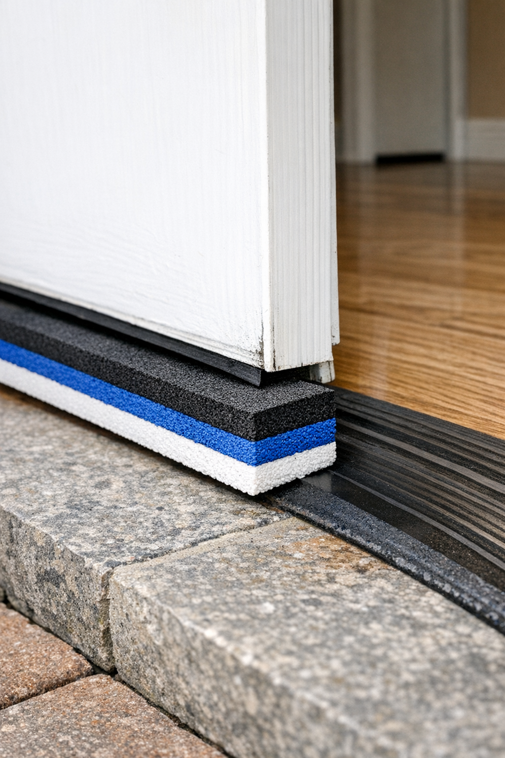 Finished foam door threshold installed at the bottom of a door