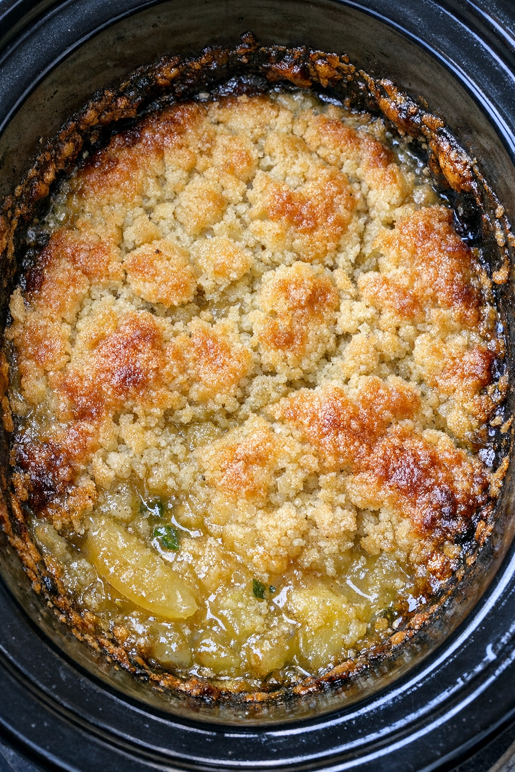 Slow cooker Hugo spritz dump cake in a black slow cooker