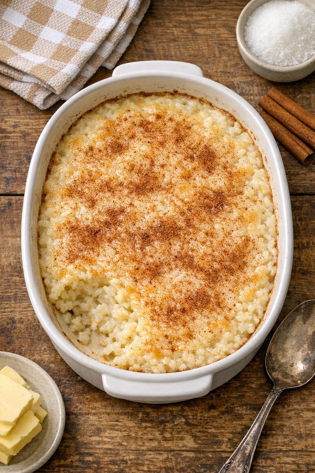 Baked rice dessert in a rustic casserole dish