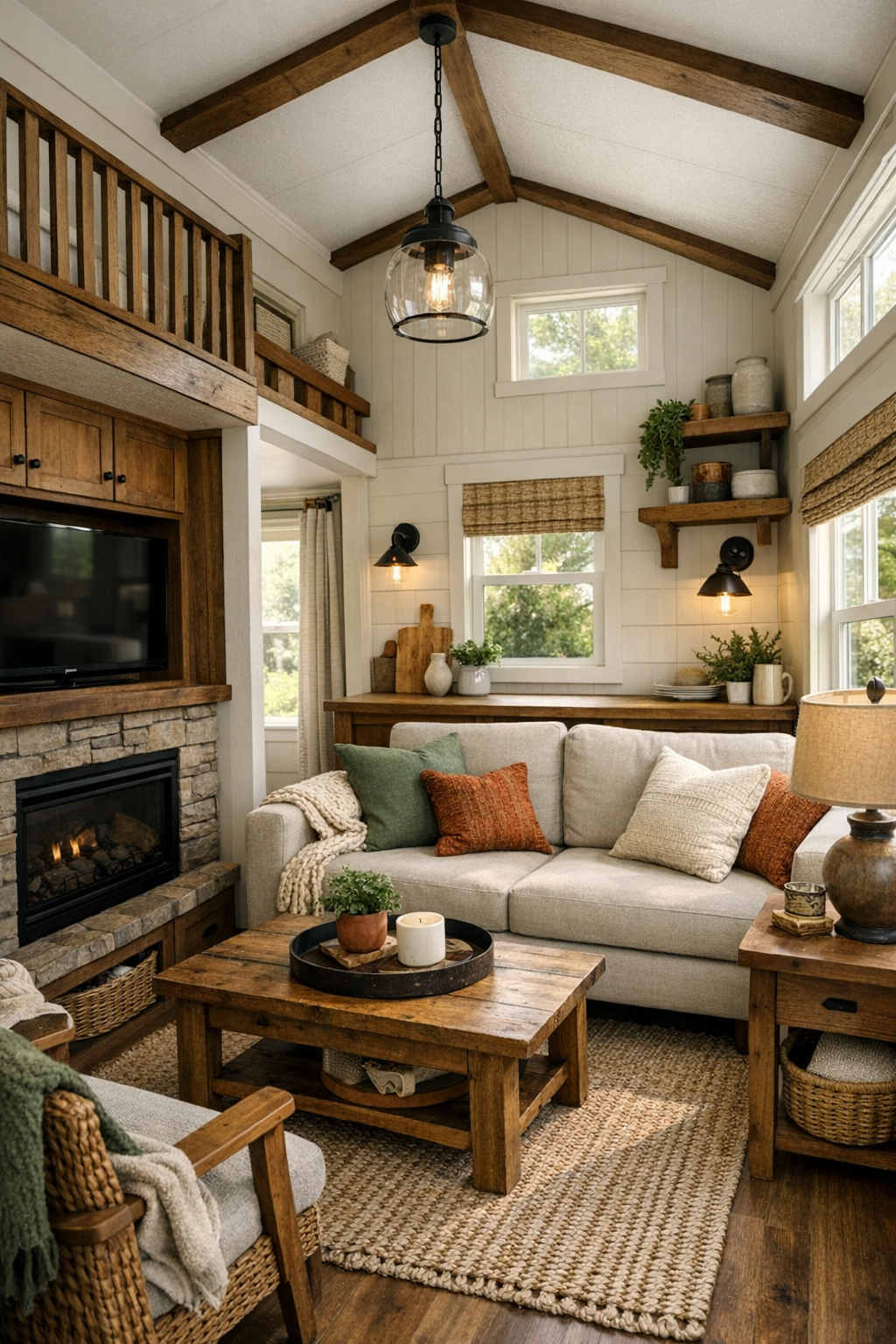 Craftsman-inspired park model RV living room with cream walls, wood built-ins, and sage accents