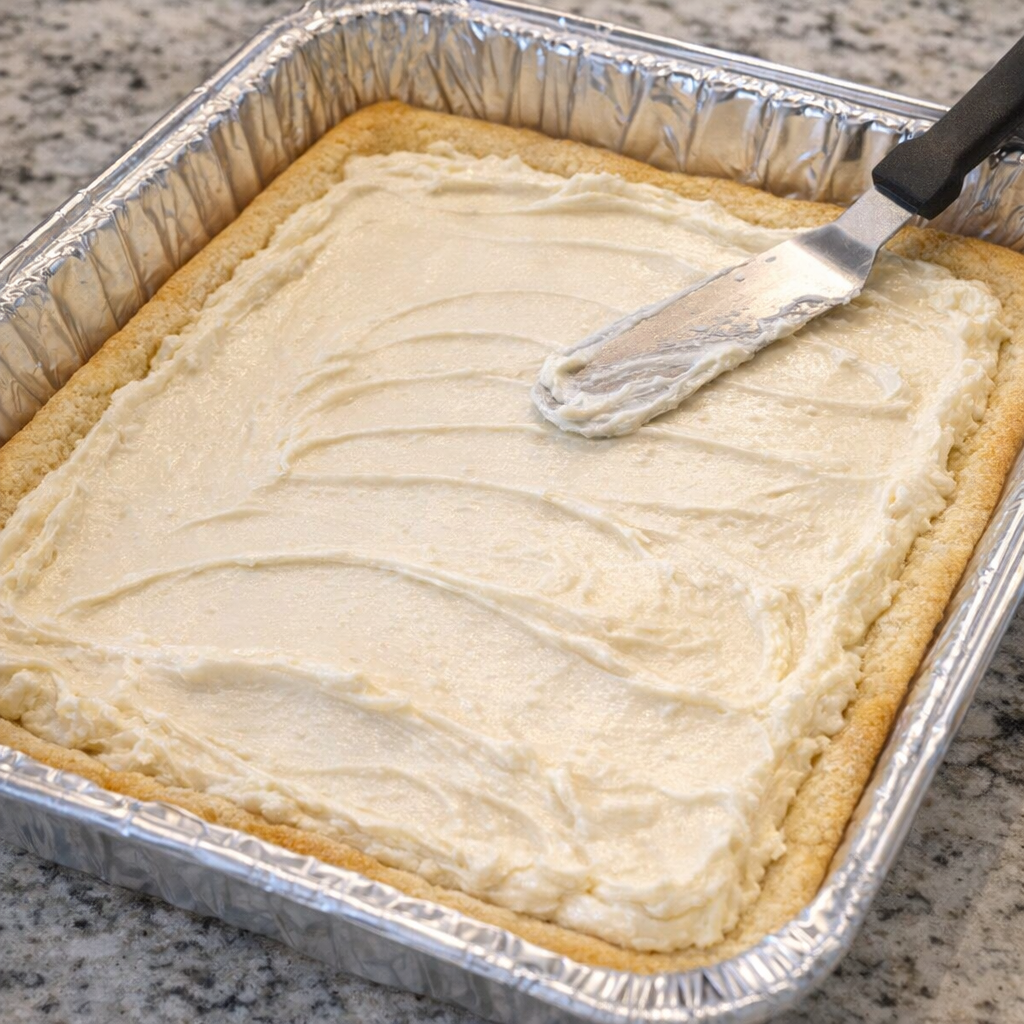 Cream cheese filling spread over crescent dough in a foil pan