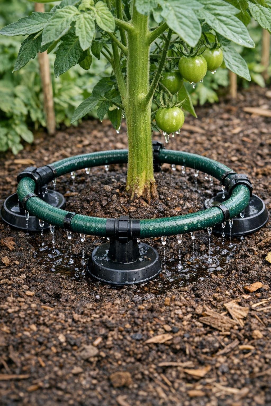 Finished DIY drip irrigation ring watering a garden plant