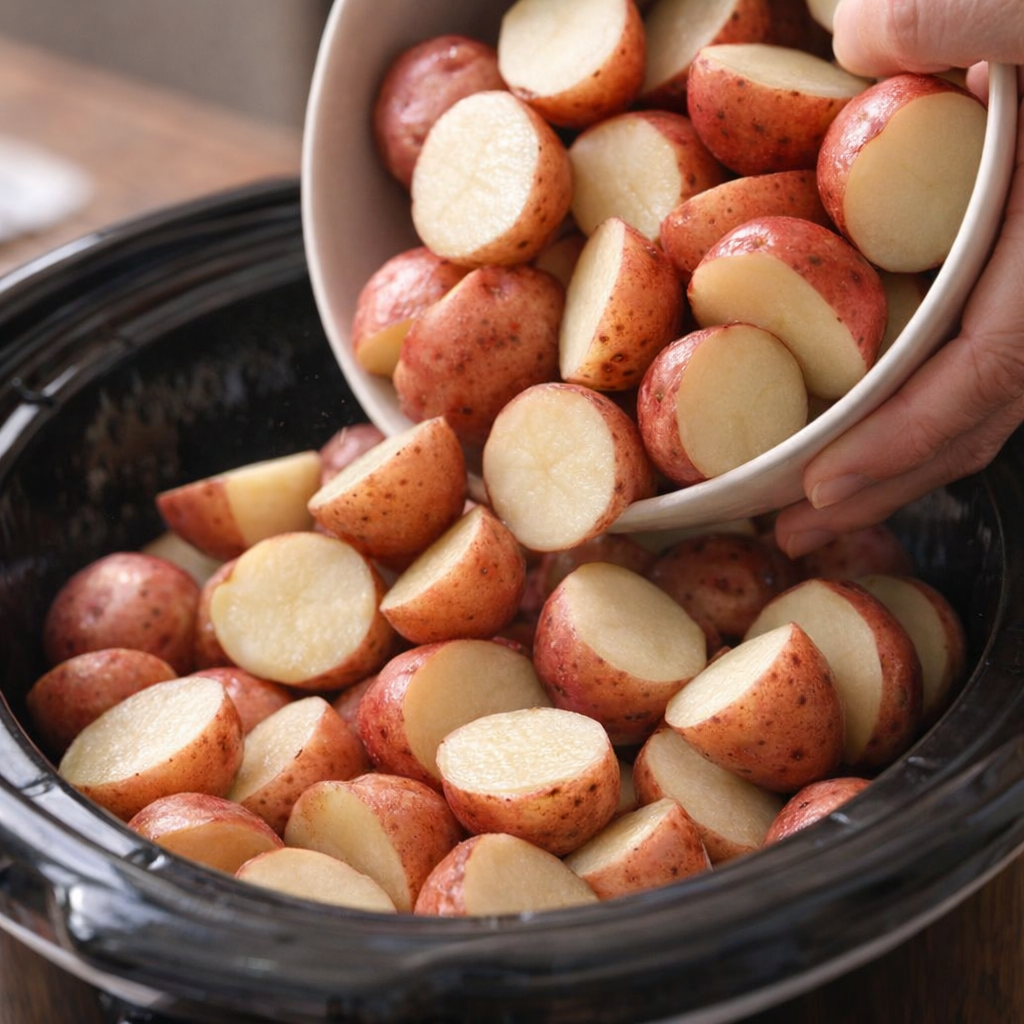 Halved red potatoes being added to a slow cooker