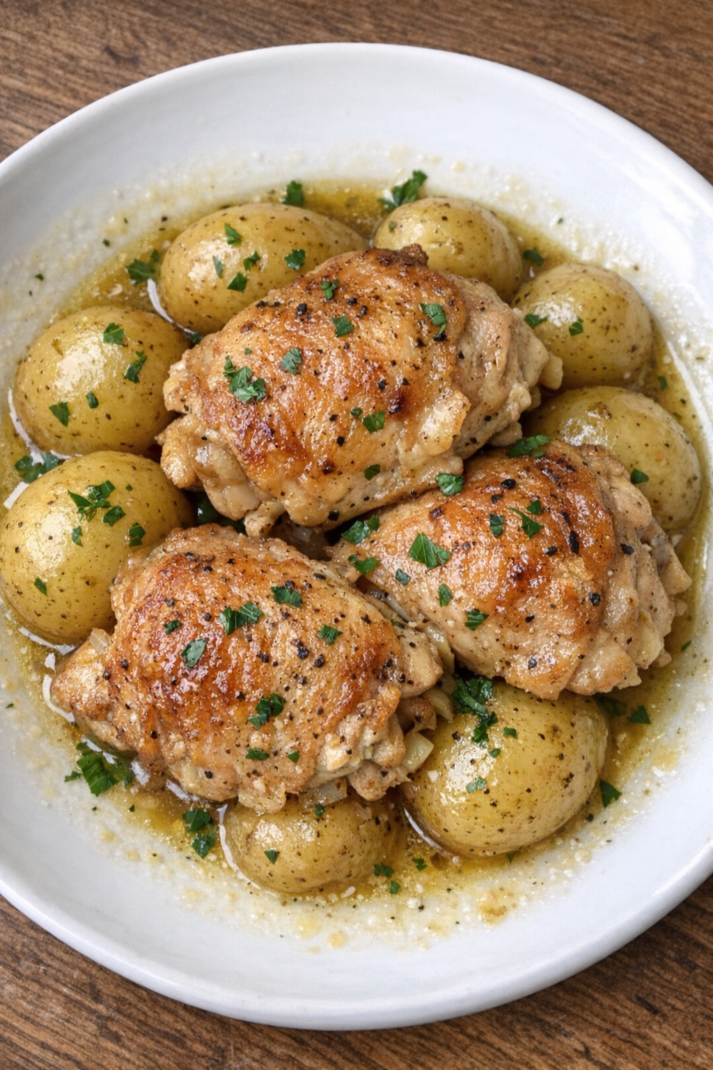 Slow cooker chicken and potatoes plated on a white ceramic plate