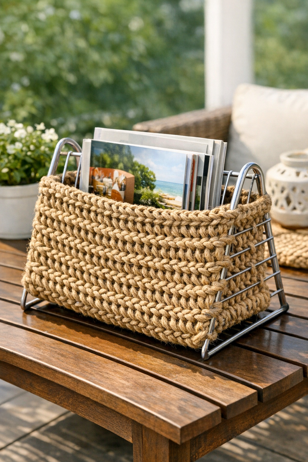 Finished crocheted jute magazine rack made from a sideways metal dish rack