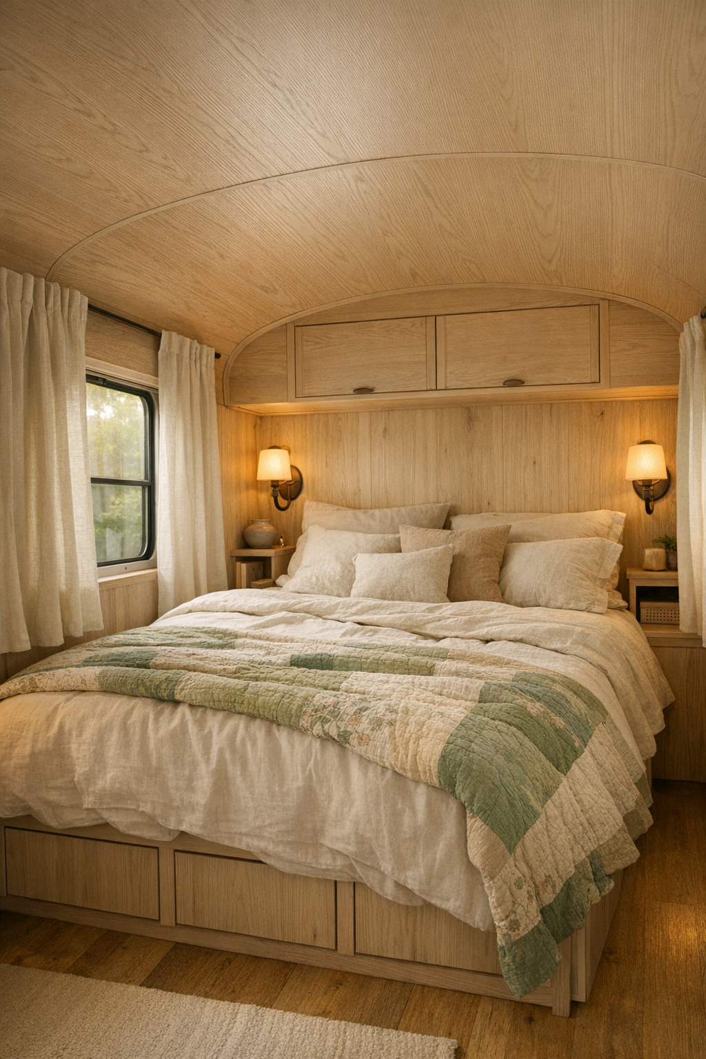 Serene bus bedroom with built-in bed and layered linen bedding