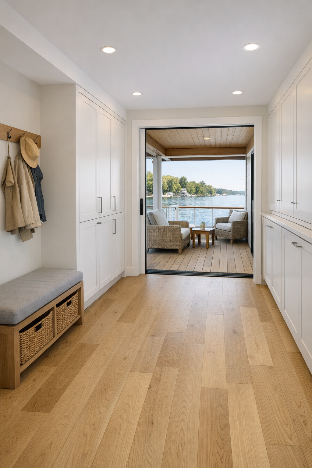 Wide hallway and deck connection with built-in storage, continuous flooring, and lake views