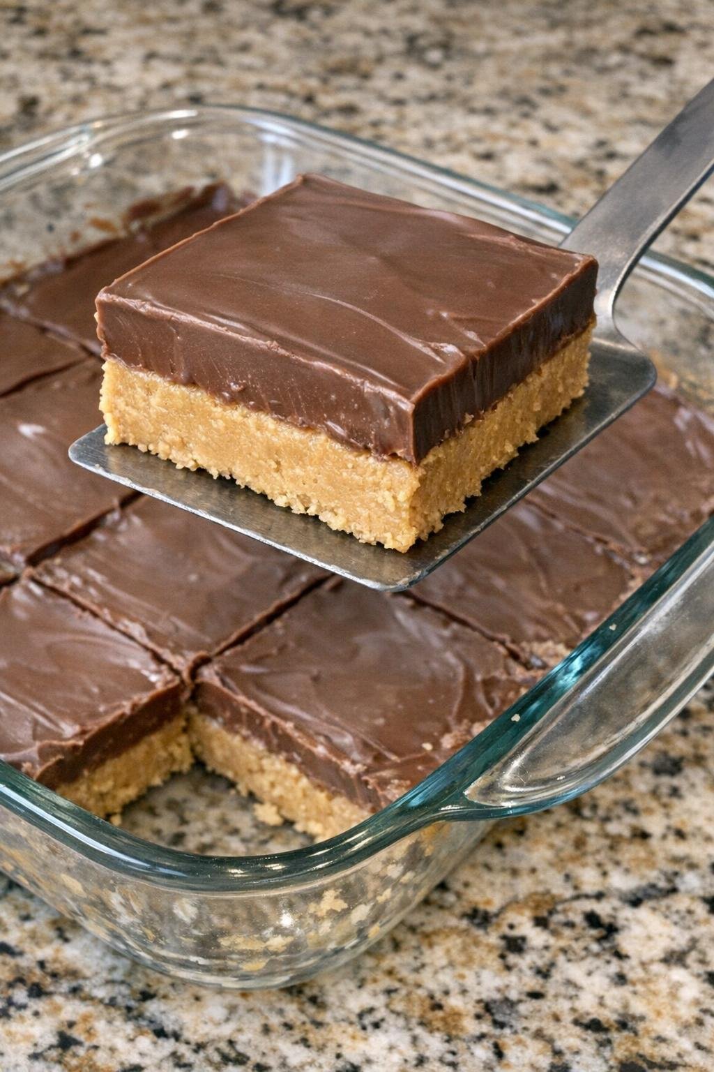 Chocolate-topped peanut butter bars in a glass dish
