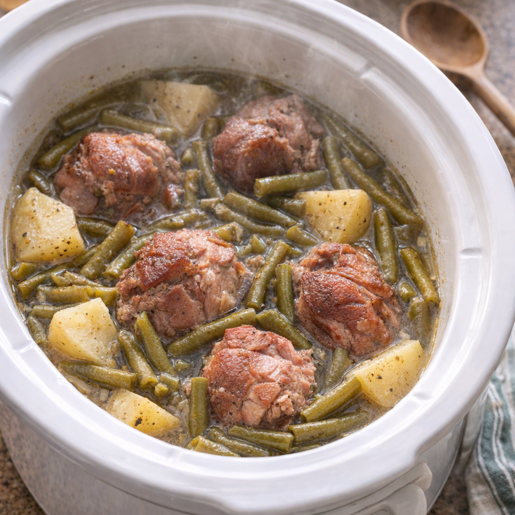 Slow cooker filled with ham, green beans, and potatoes