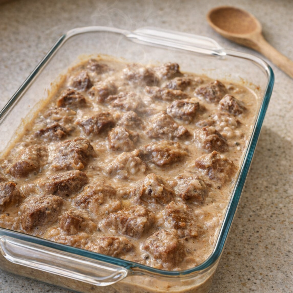 Glass casserole dish filled with creamy mushroom beef bake before serving