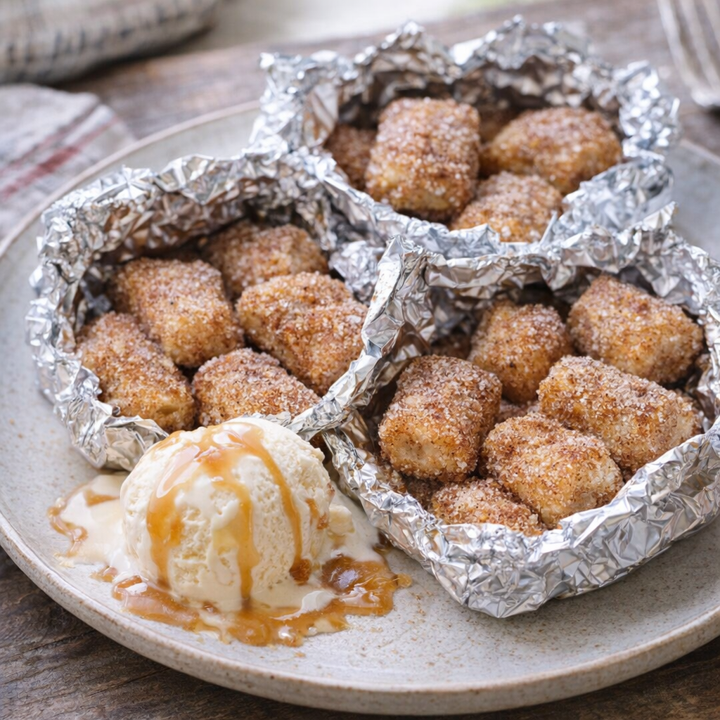 Warm churro bites in foil with ice cream and caramel