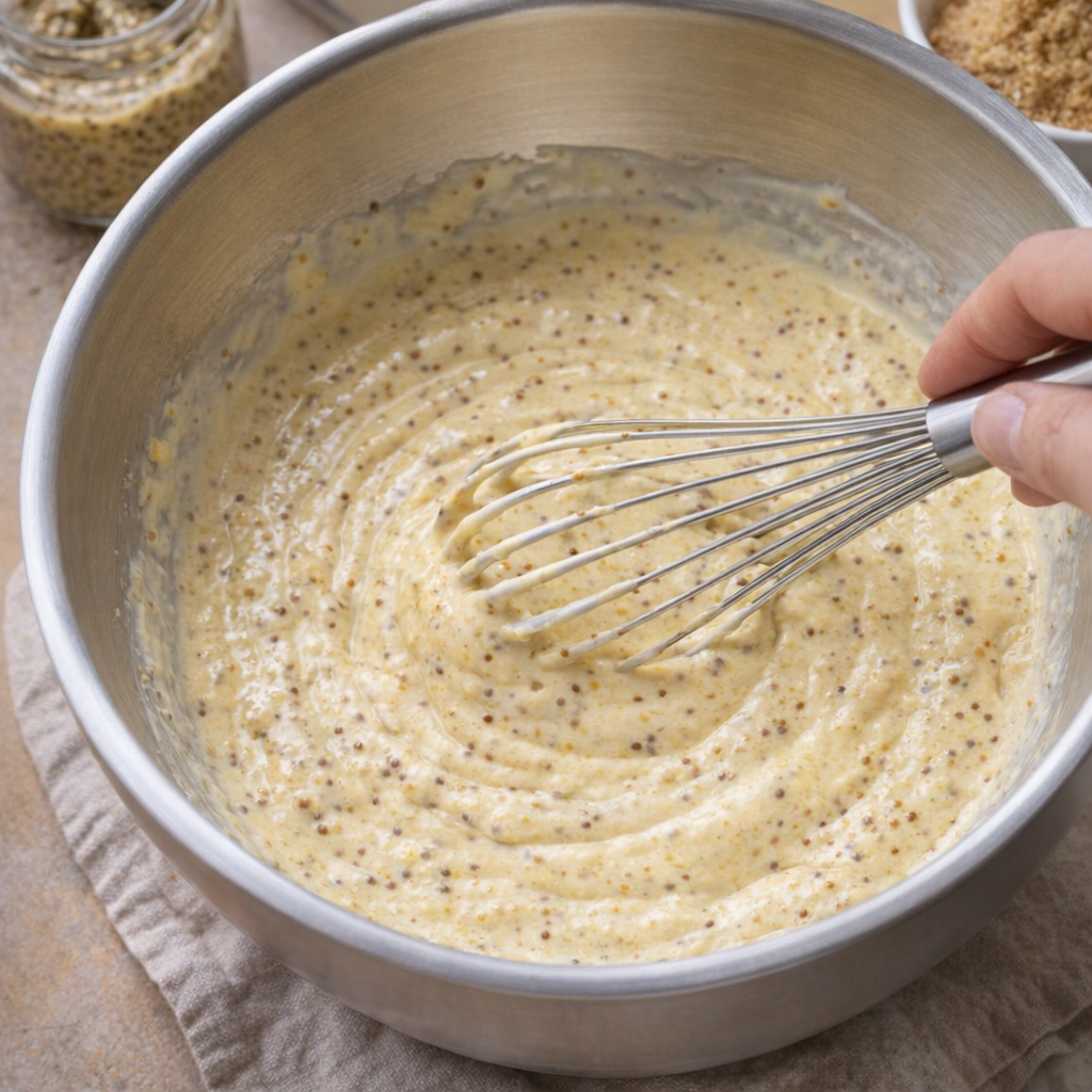Creamy mustard sauce being whisked in a bowl