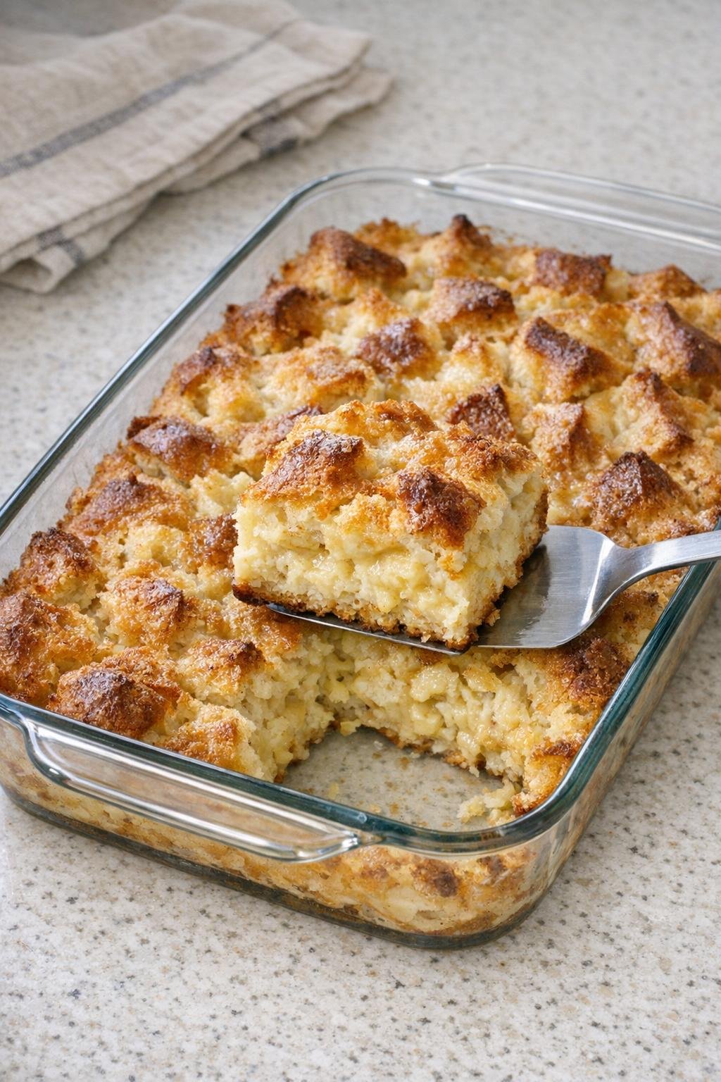 Baked bread pudding in a glass casserole dish