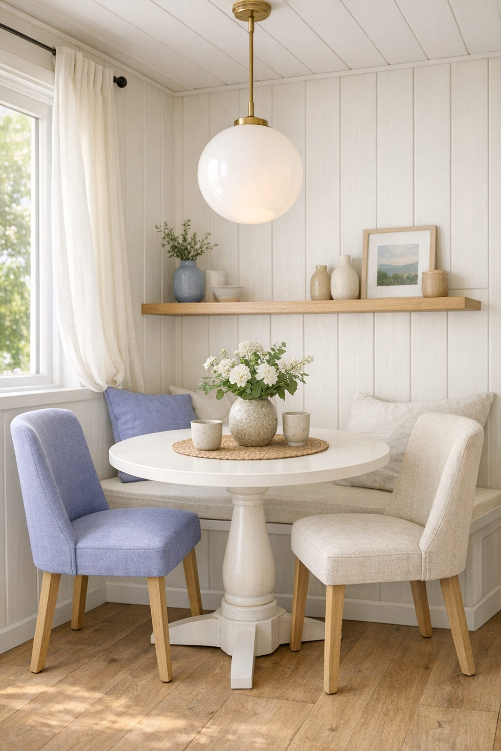Cozy tiny home dining nook with a round pedestal table, upholstered chairs, and soft opal pendant lighting
