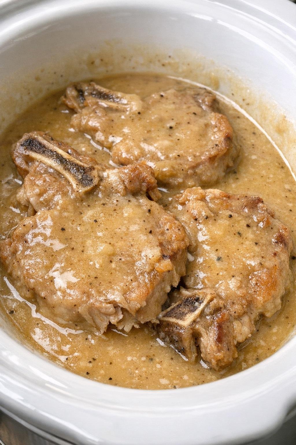 Slow cooker gravy smothered pork chops in a white slow cooker