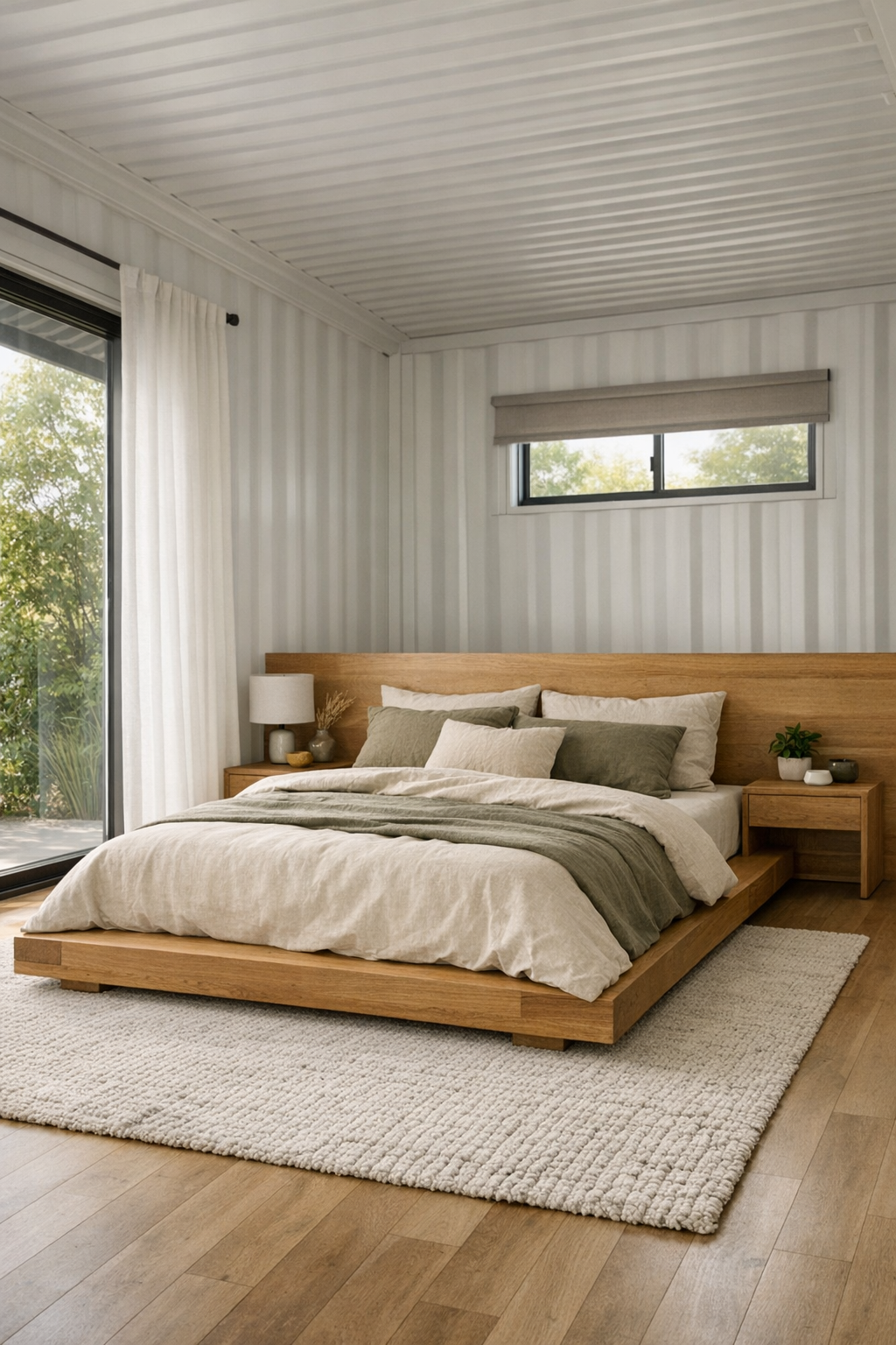 Calm modern bedroom with a low platform bed, warm wood details, and soft olive-gray textiles