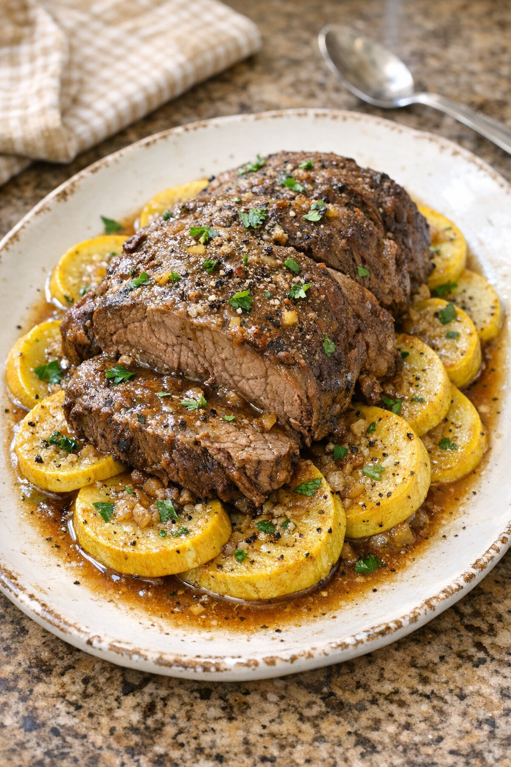 Finished slow cooker beef roast with tender yellow squash on a platter