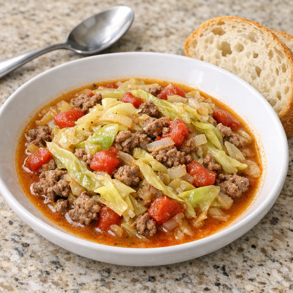 Finished Amish cabbage beef plated in a shallow bowl