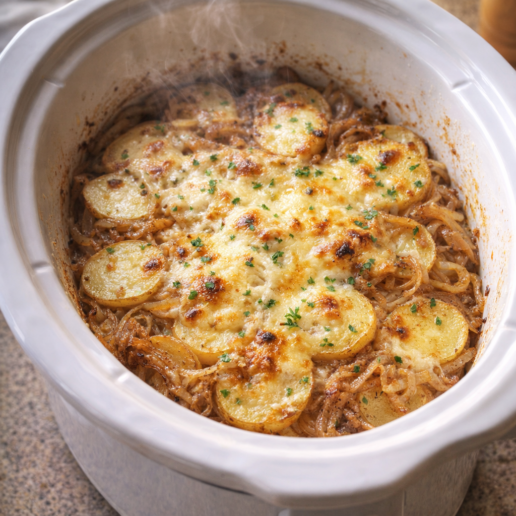 Slow cooker French onion potatoes finished with browned Gruyère