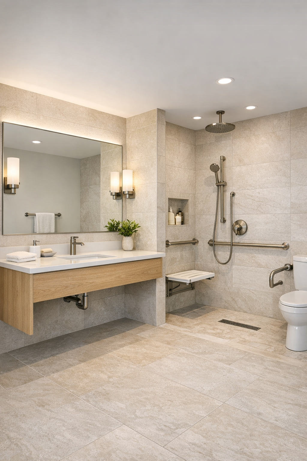 Elegant accessible bathroom with a curbless shower, stone-look tile, and light oak vanity