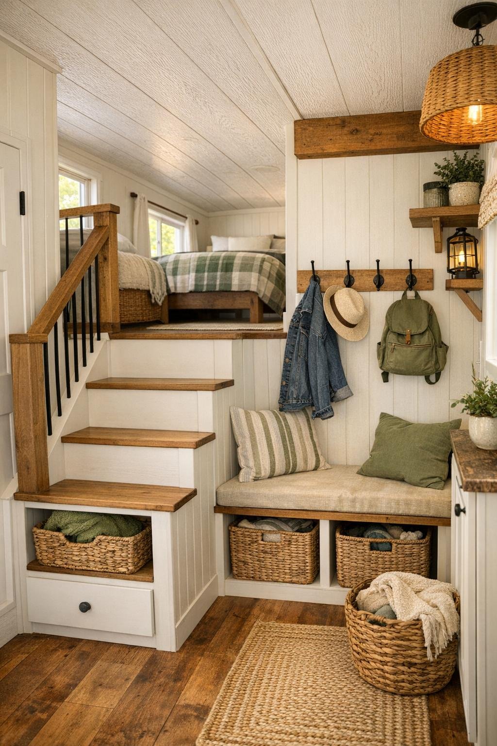 Smart RV loft and hallway storage with warm wood details