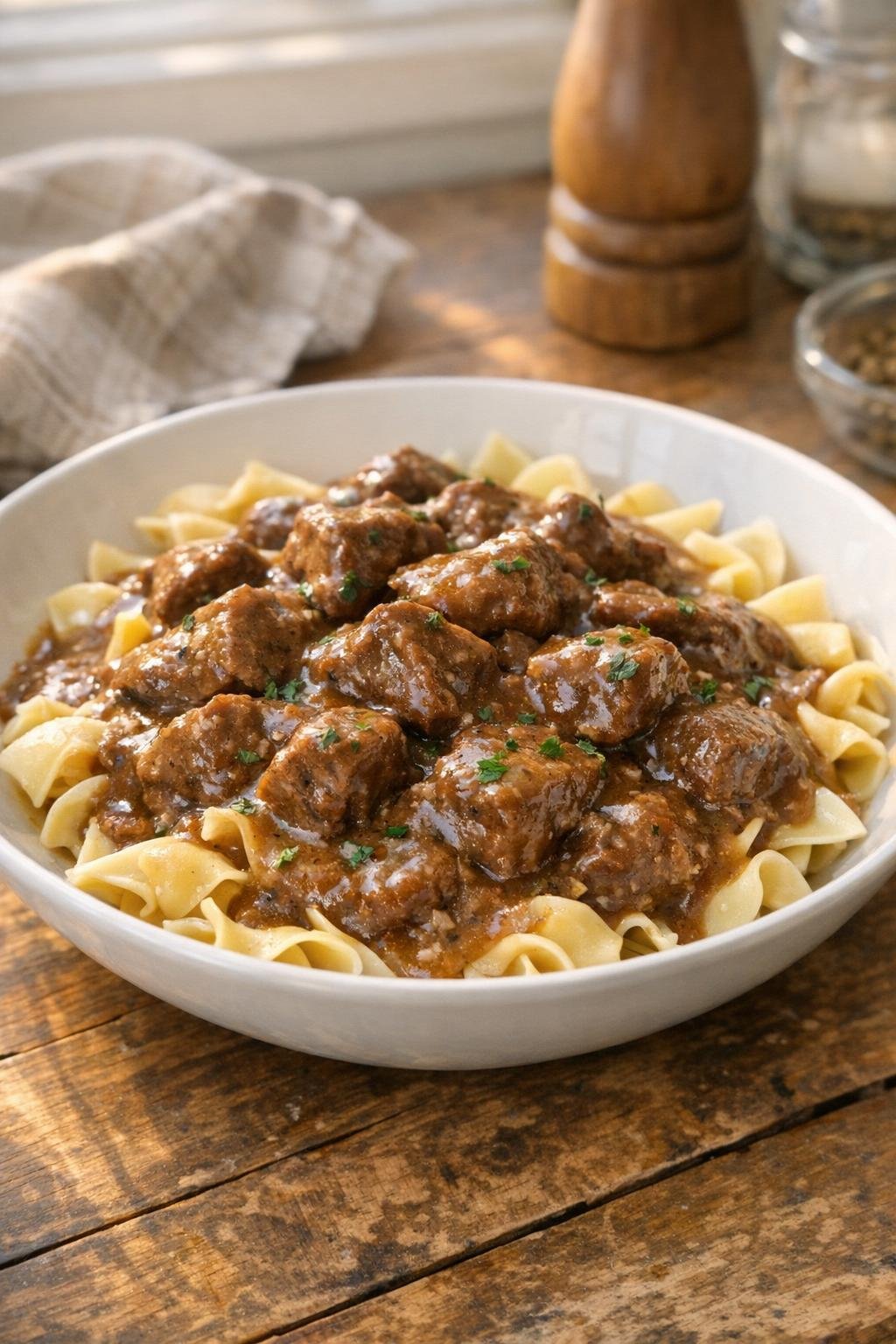 Finished plated beef tips over egg noodles