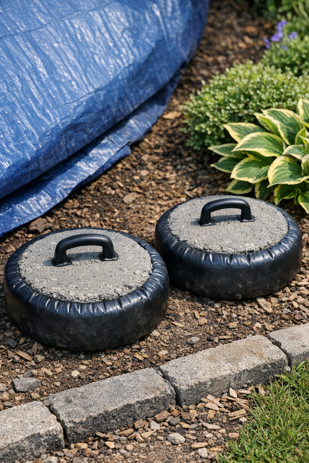 Finished cement-filled vinyl pool ring landscape weights in a garden setting