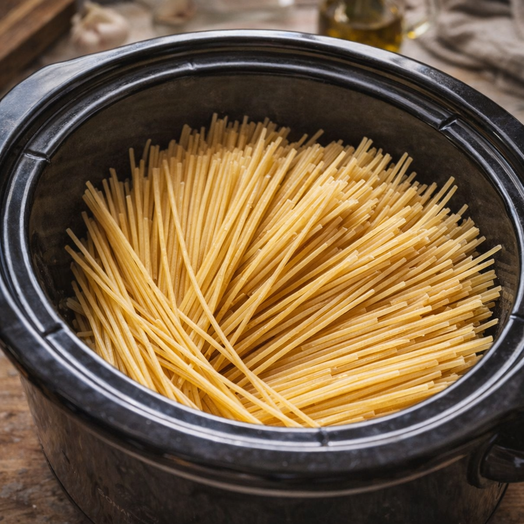 Broken spaghetti arranged in a slow cooker crock