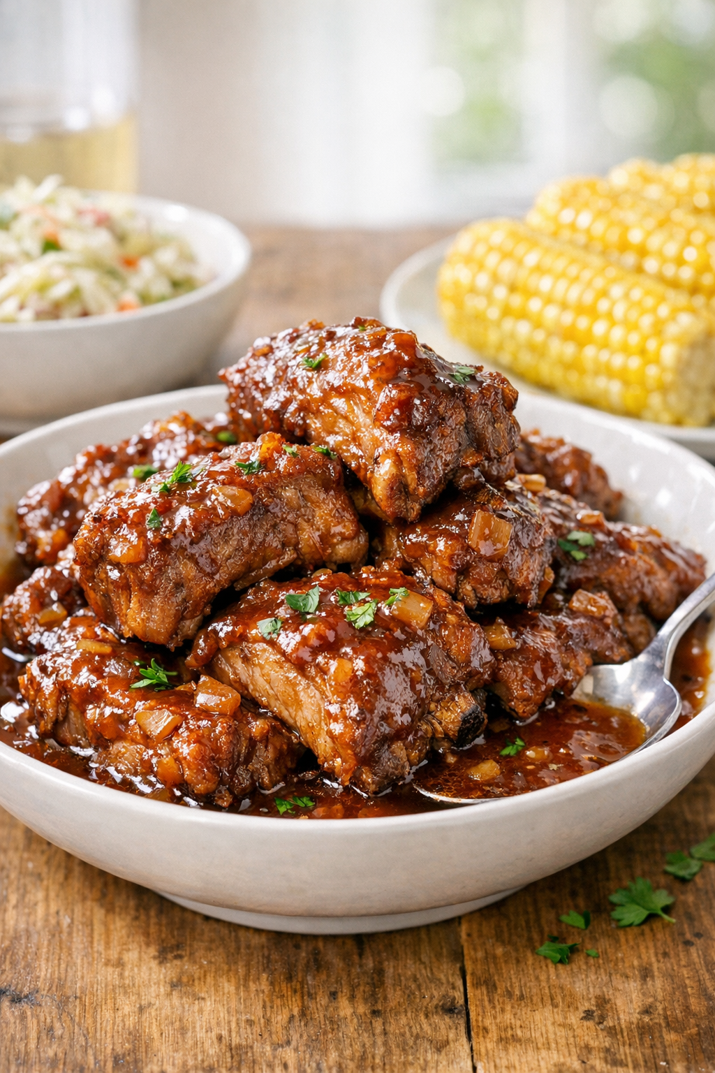Finished slow cooker pork rib tips plated with sauce
