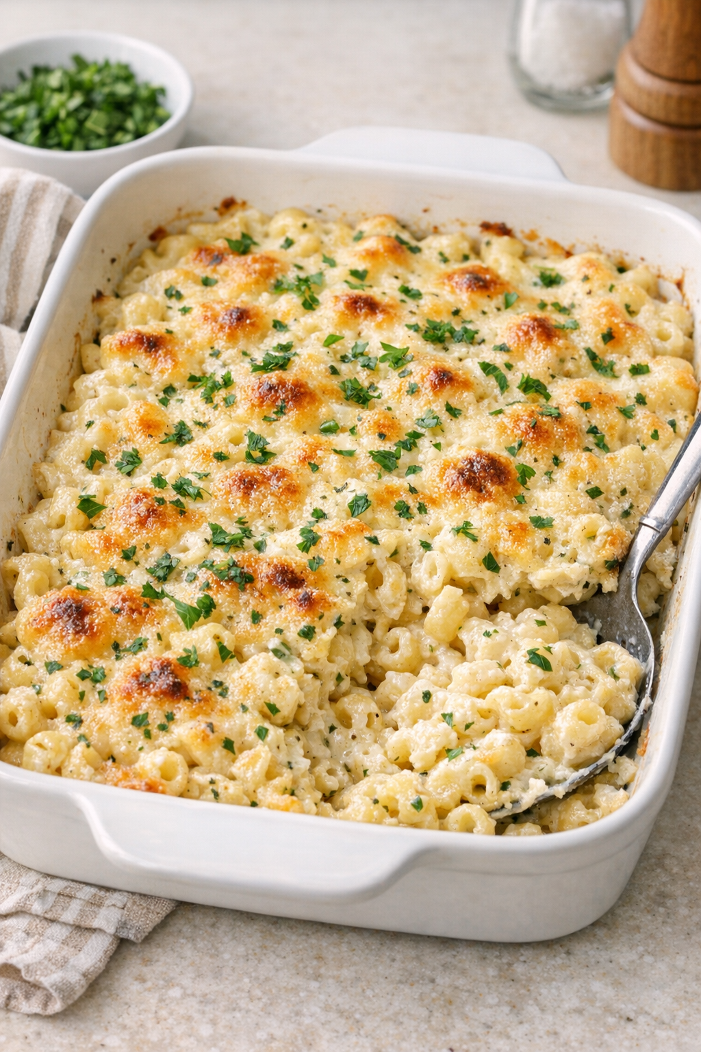 Finished baked herb garlic cream cheese macaroni in a casserole dish