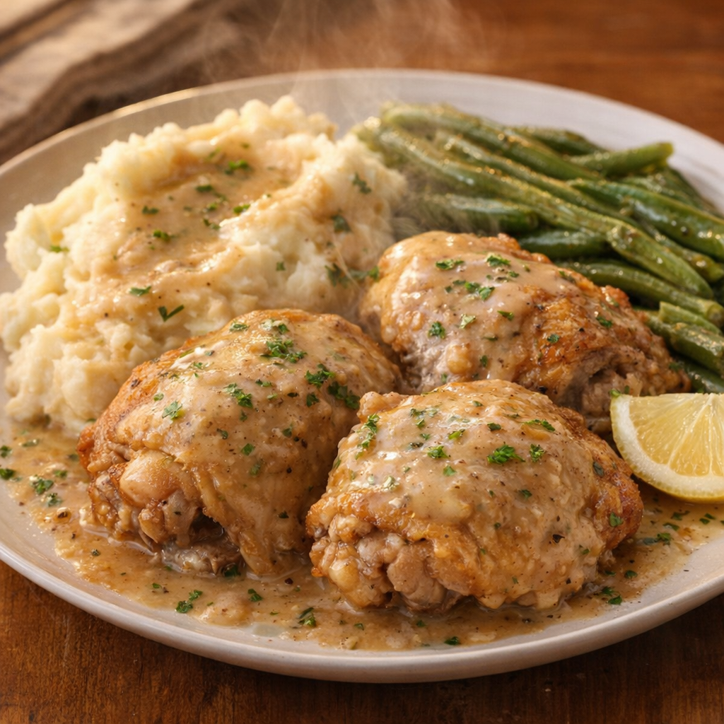 Finished chicken thighs plated with mashed potatoes and green beans