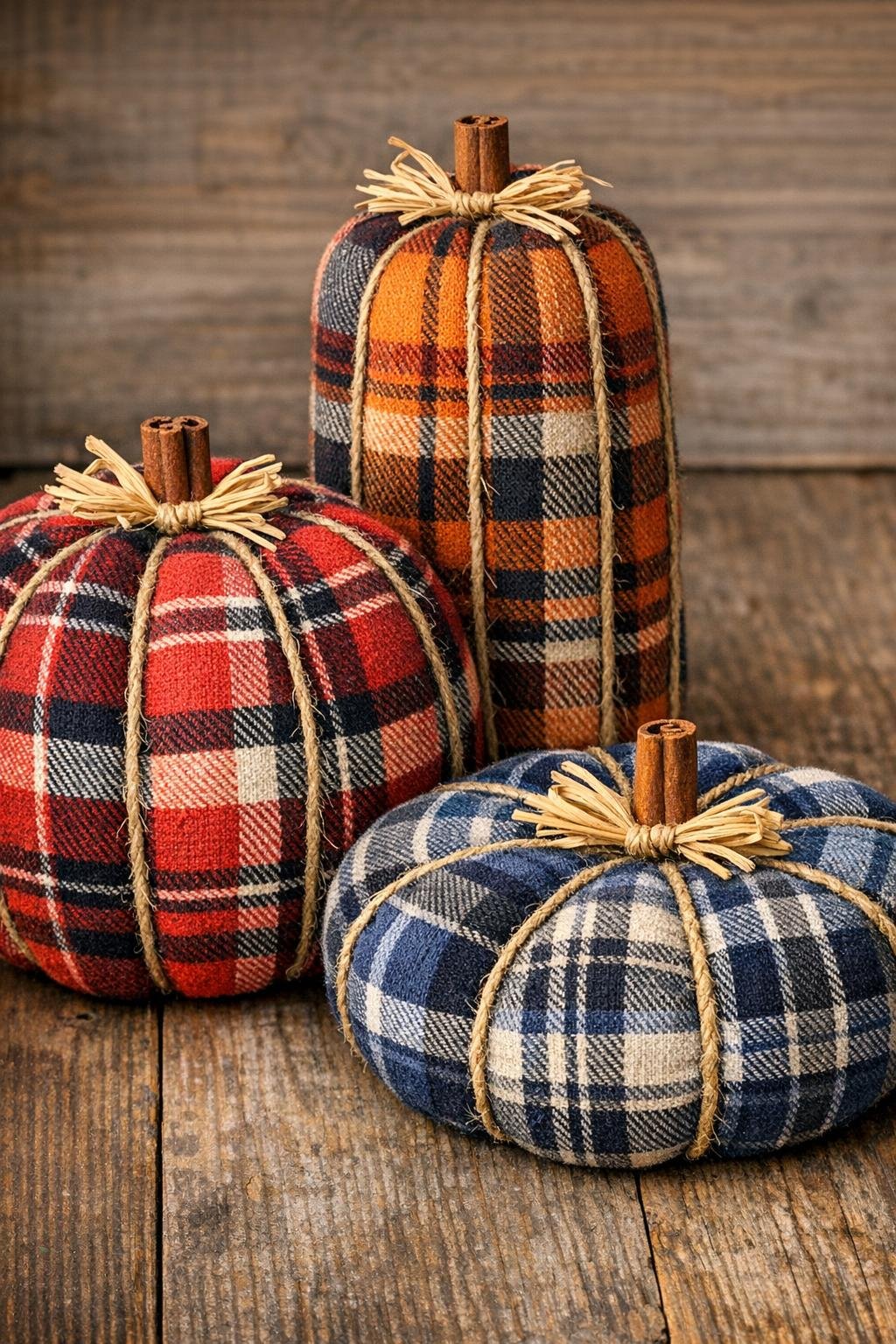 Three completed autumn pumpkins made from old flannel shirts