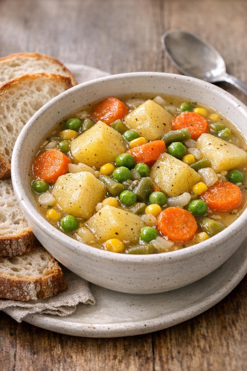 Het eindresultaat is een kom aardappel- en groentestoofpot met brood.