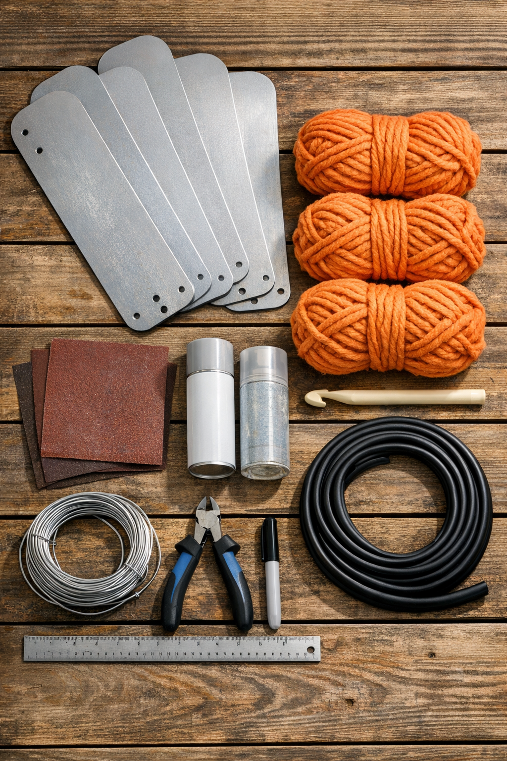 Materials for making a crocheted fruit bowl from ceiling fan blades and orange yarn