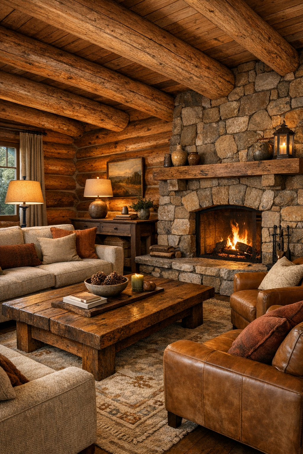 Warm rustic living room with log walls, exposed beams, stone fireplace, and soft neutral seating