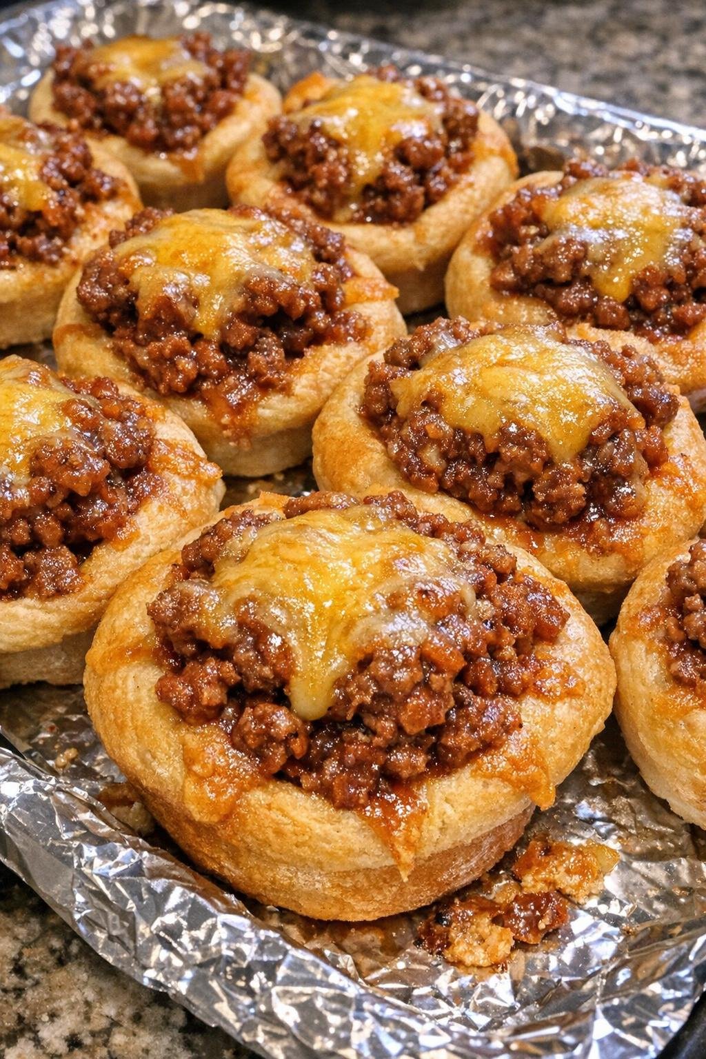 Oven baked beef sloppy joe bites on a foil-lined baking sheet