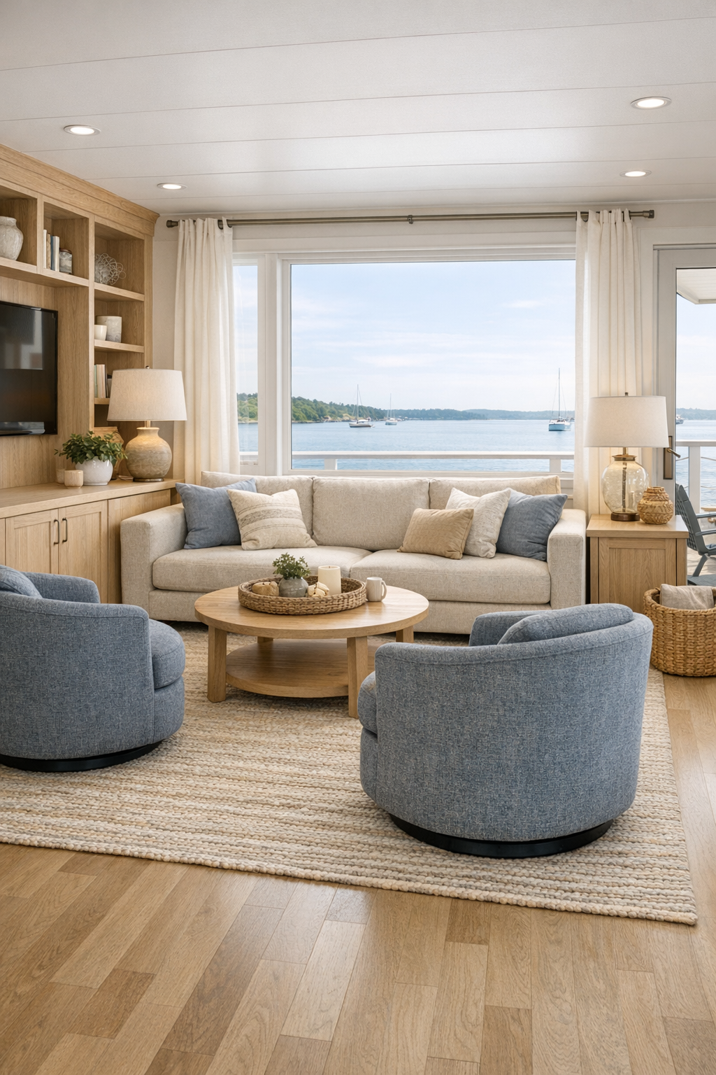 Bright accessible coastal living room with soft neutral seating and wide water views